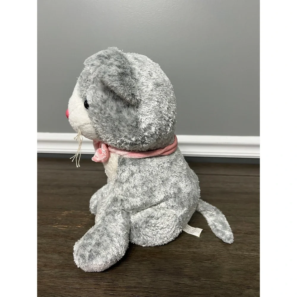 Living Playful Gray Tabby Cat Kitten with Pink Neck‎ Ribbon Plush
